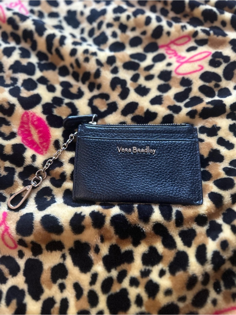 Vera Bradley Black Leather Cardholder Keychain with Zip Pocket